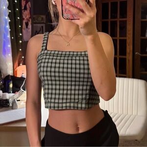 Hollister Square-Neck Plaid Crop Top in Green and Black